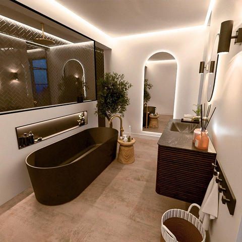 Mondiaz CIRO-DLUX Ensemble de meubles de salle de bains - 120x45x50cm - lavabo solid surface Lava - 1 bassin à gauche - sans trous de robinet - 2 tiroirs - Noyer SW1530217