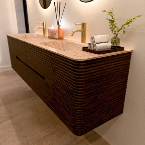 Mondiaz CIRO-DLUX Badkamermeubelset - 180x45x50cm - Solid surface wastafel Arena - 2 wasbak Dubbel - 2 kraangaten - 4 lades - Walnut SW1530444