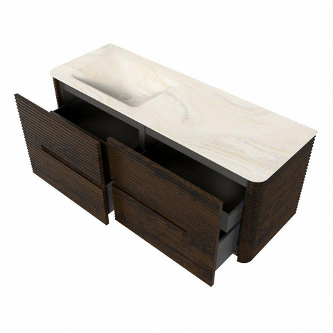 Mondiaz CIRO-DLUX Badkamermeubelset - 130x45x50cm - Solid surface wastafel Ostra - 1 wasbak Links - zonder kraangaten - 4 lades - Walnut SW1530394