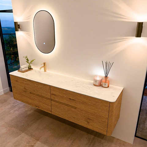 Mondiaz CIRO-DLUX Ensemble de meubles de salle de bains - 190x45x50cm - Plan vasque solid surface Opalo - 1 bassin à gauche - 1 trou de robinet - 4 tiroirs - Chêne SW1531041