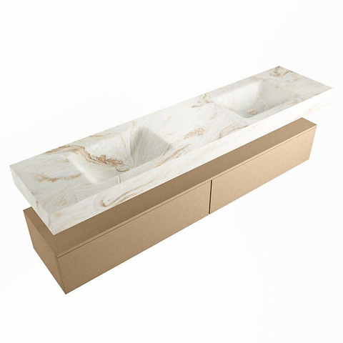 Mondiaz ALAN-DLUX Ensemble de meuble - 200cm - meuble Oro mat - 2 tiroirs - Lavabo Cloud Frappe suspendu - vasque Gauche et droite - 2 trous de robinet SW805283