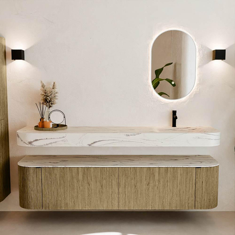 MONDIAZ THOR-DLUX 190cm meuble de salle de bains arrondi gauche + droite couleur Dusk avec 2 tiroirs et 2 portes. Vasque suspendue CLOUD Droite 1 trou de robinet couleur Nata. SW1466788
