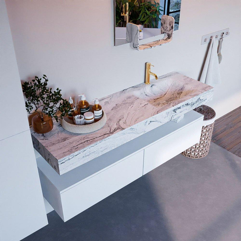 Mondiaz ALAN-DLUX Ensemble de meuble - 150cm - meuble Talc mat - 2 tiroirs - Lavabo Cloud Glace suspendu - vasque Droite - 1 trou de robinet SW805657
