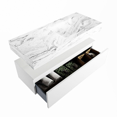 Mondiaz ALAN-DLUX Ensemble de meuble - 110cm - meuble Talc mat - 1 tiroir - Lavabo Cloud Glace suspendu - vasque Droite - 1 trou de robinet SW805047