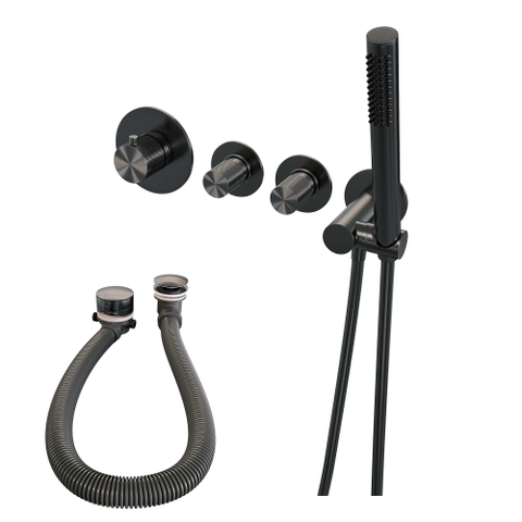 Brauer Gunmetal sculpture encastré - garniture de baignoire - 3 boutons sculptés - douchette à main barre 1 fonction - avec système vidage remplissage - PVD - gunmetal brossé SW715944