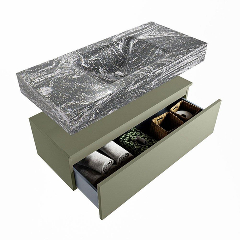 Mondiaz ALAN-DLUX Ensemble de meuble - 100cm - meuble Army mat - 1 tiroir - Lavabo Cloud Lava suspendu - vasque Centre - 1 trou de robinet SW808332