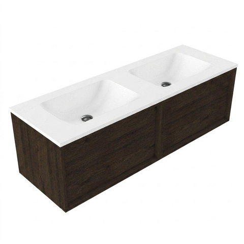 Saniclass Holz Frame Badkamermeubelset - 140x45x57.5cm - Torino solid surface wastafel wit - zonder kraangat - 2 lades - mat eiken charcoal (hout) SW1478681