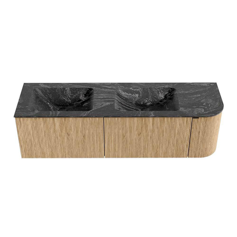 MONDIAZ KURVE-DLUX 155cm badmeubel met module 25 R kleur Oak met 2 lades en 1 deur. Wastafel LEAF dubbel / links zonder kraangat kleur Lava. SW1137213