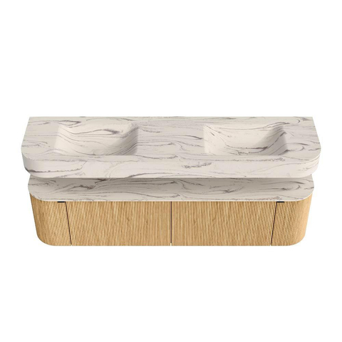 MONDIAZ THOR-DLUX 180cm meuble de salle de bains arrondi gauche + droite couleur Oak avec 2 tiroirs et 2 portes. Vasque suspendue CLOUD Double 2 trous de robinet couleur Nata. SW1466190