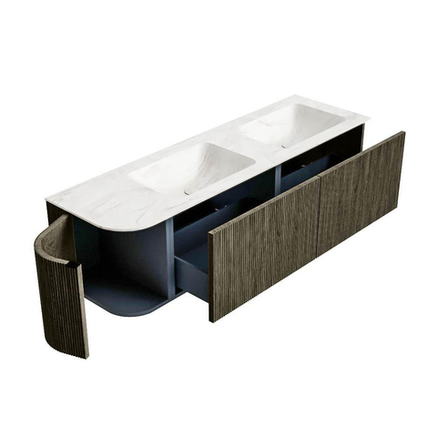 Mondiaz KURVE-DLUX Ensemble de meuble de salle de bains - 155x46x40cm - 2 tiroirs - 1 porte - vasque solid surface - double / droite - sans trou de robinet - Shadow SW1414503