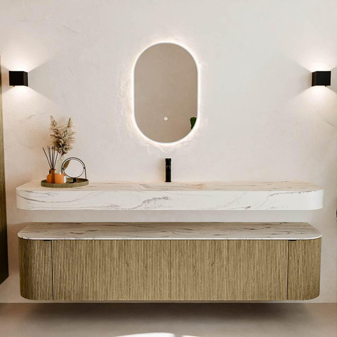 MONDIAZ THOR-DLUX 200cm meuble de salle de bains arrondi gauche + droite couleur Dusk avec 2 tiroirs et 2 portes. Vasque suspendue CLOUD Milieu 1 trou de robinet couleur Nata. SW1467154