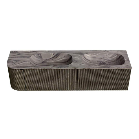 MONDIAZ KURVE-DLUX 175cm badmeubel ronding Links kleur Shadow met 2 lades en 1 deur. Wastafel STOR SMALL Dubbel / Rechts 2 kraangaten Sombra. SW1433814