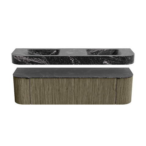 MONDIAZ THOR-DLUX Meuble de salle de bains - 170cm - arrondi gauche + droite - couleur Shadow - 1 tiroir et 2 portes - Vasque suspendue CLOUD Double 2 trous de robinet - couleur Lava SW1465537