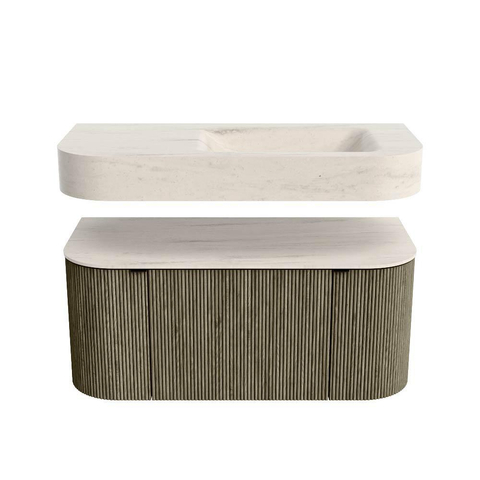 MONDIAZ THOR-DLUX 100cm meuble de salle de bains arrondi gauche + droite couleur Shadow avec 1 tiroir et 2 portes. Vasque suspendue CLOUD droite sans trou de robinet couleur Meli. SW1467492