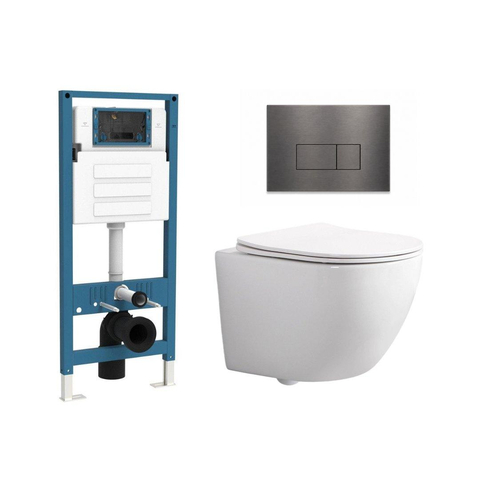 QeramiQ Dely Swirl Compact Ensemble WC - réservoir encastré QeramiQ flush - abattant slim - plaque de commande métallique gunmetal - boutons rectangulaires - blanc brillant SW1590501