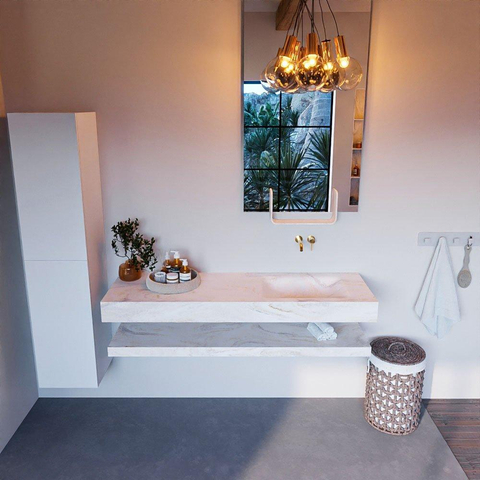 Mondiaz ALAN-DLUX Ensemble de meuble - 150cm - meuble Ostra mat - 0 tiroirs - Lavabo Cloud Ostra suspendu - vasque Droite - 0 trous de robinet SW808995