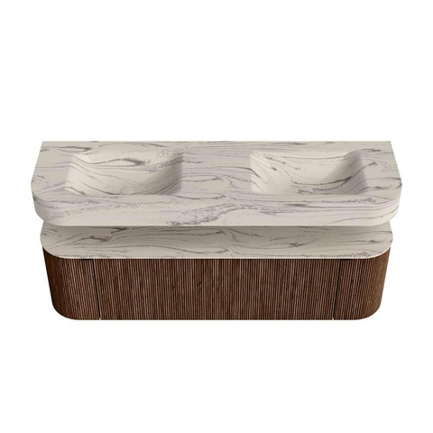 MONDIAZ THOR-DLUX 160cm badmeubel ronding links + rechts kleur Walnut met 1 lade en 2 deuren. Vrijhangende wastafel CLOUD Dubbel 2 kraangaten kleur Nata. SW1465259