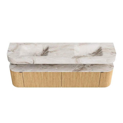 MONDIAZ THOR-DLUX Meuble de salle de bains - 190cm - arrondi gauche + droite - couleur Oak - 2 tiroirs et 2 portes - Lavabo suspendu CLOUD Double sans trou de robinet - couleur Frappe SW1466371