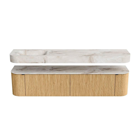 MONDIAZ THOR-DLUX 200cm meuble de salle de bains arrondi gauche + droite couleur Chêne avec 2 tiroirs et 2 portes. Vasque suspendue CLOUD Gauche 1 trou de robinet couleur Frappe. SW1466933