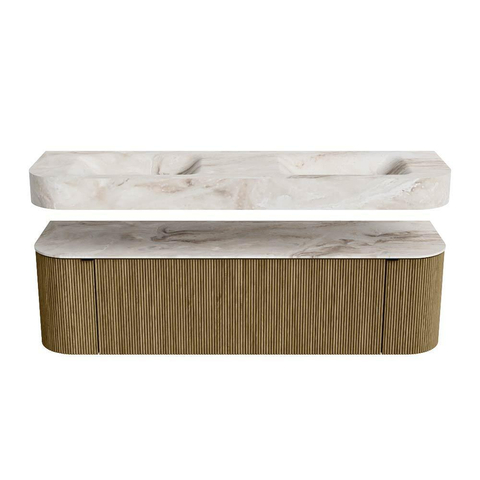 MONDIAZ THOR-DLUX 160cm meuble de salle de bains arrondi gauche + droite couleur Dusk avec 1 tiroir et 2 portes. Vasque suspendue CLOUD Double 2 trous de robinet couleur Frappe. SW1465039