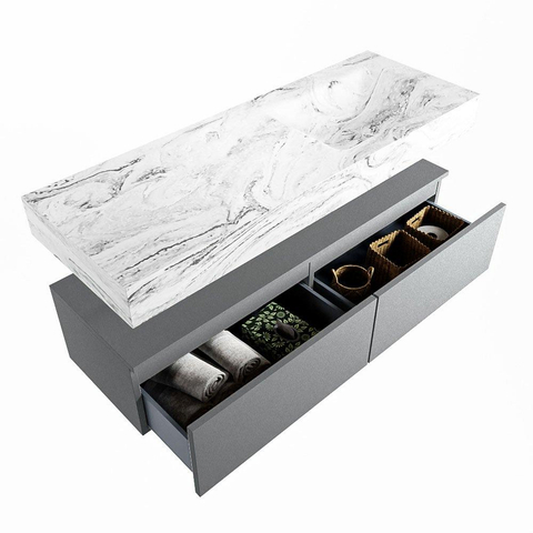MONDIAZ ALAN - DLUX Badkamermeubelset - 130cm - onderkast - Plata - 2 lades - vrijhangende wastafel - wasbak rechts - 1 kraangat - Glace SW806161