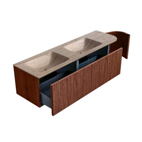 MONDIAZ KURVE-DLUX 155cm meuble de salle de bains arrondi Droite couleur Ruby avec 2 tiroirs et 1 porte. Plan vasque LEAF Double / Gauche sans trou de robinet Saba. SW1433500