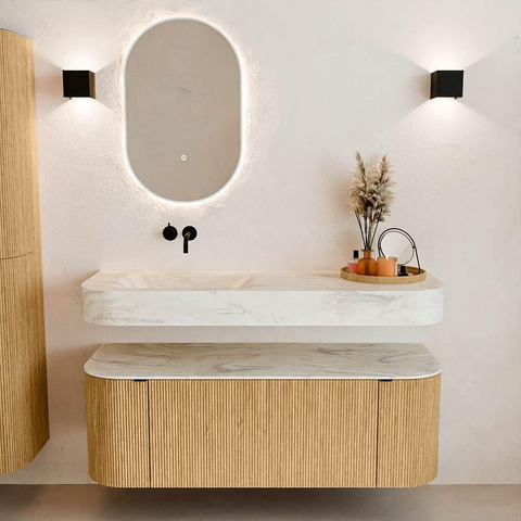 MONDIAZ THOR-DLUX 130cm meuble de salle de bains arrondi gauche + droite couleur Oak avec 1 tiroir et 2 portes. Vasque suspendue CLOUD Gauche sans trou de robinet couleur Ostra. SW1463548