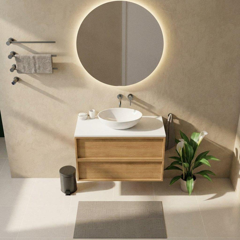 Saniclass Holz Frame Ensemble de meubles de salle de bains - 100x45x62.5cm - plan Torino en solid surface blanc - sans trou de robinetterie - 2 tiroirs - chêne naturel mat (bois) SW1579987