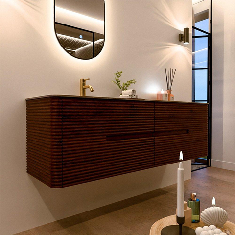 Mondiaz CIRO-DLUX Meuble de salle de bains - 160x45x50cm - Plan vasque solid surface Sombra - 1 vasque à gauche - 1 trou de robinet - 4 tiroirs - Ruby SW1531967