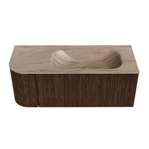 MONDIAZ KURVE-DLUX Meuble de salle de bains 115cm arrondi à gauche couleur Walnut avec 1 tiroir et 1 porte. Lavabo BIG SMALL à droite sans trou de robinet Saba. SW1433159