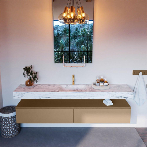 Mondiaz ALAN-DLUX Ensemble de meuble - 200cm - meuble Oro mat - 2 tiroirs - Lavabo Cloud Glace suspendu - vasque Centre - 1 trou de robinet SW806099