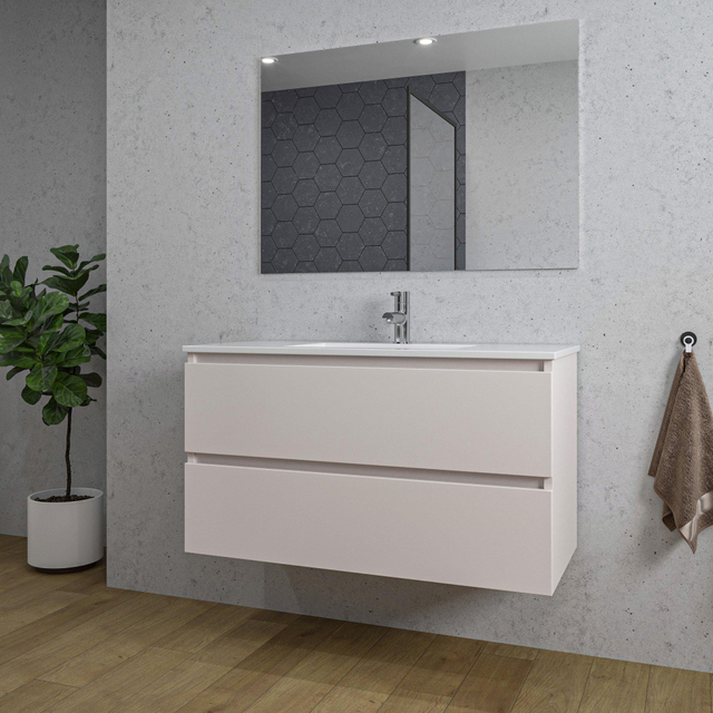 Adema Chaci Badkamermeubelset - 100x46x57cm - 1 keramische wasbak wit - 1 kraangat - 2 lades - rechthoekige spiegel - mat cotton (beige) SW1212775/SW804532/SW724612