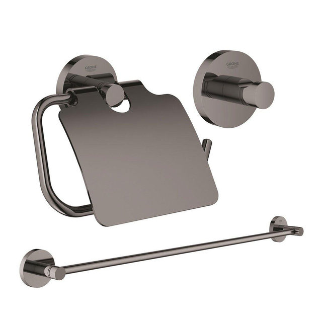 GROHE Essentials accessoireset 3-delig met handdoekhouder, handdoekhaak en toiletrolhouder met klep hard graphite sw98976/sw99000/sw99017/