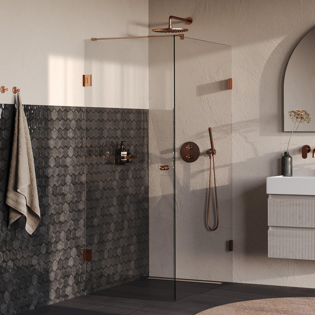 Brauer Void Carving Douchecabine - 80x120x200cm - draaideur - glascoating - omkeerbaar - helder glas - geborsteld koper PVD GS-VOCC1H80120200GK