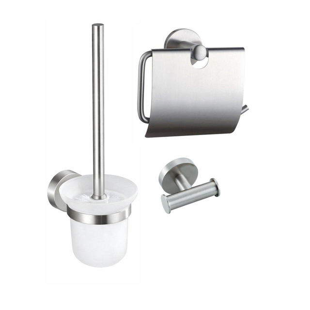 Fortifura Calvi Toiletset 3-delig - toiletrolhouder met klep - toiletborstel - handdoekhaak dubbel rond - Geborsteld RVS PVD SW1183145 SW1211589 SW639930