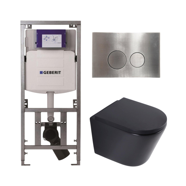 QeramiQ Dely Toiletset - 36.3x51.7cm - diepspoel - rimless - Geberit UP320 inbouwreservoir - softclose toilet zitting 35 mm - steel bedieningsplaat - ronde knoppen - mat zwart SW1026253/SW1000769/0701131/SW706194