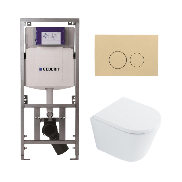 QeramiQ Dely Toiletset - 36.3x51.7cm - diepspoel - rimless - Geberit UP320 inbouwreservoir - softclose toilet zitting 35 mm - bedieningsplaat beige - ronde knoppen - wit glans SW1026255 / SW1159505/0701131/SW1102365