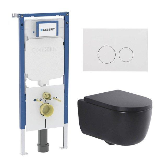 Geberit QeramiQ Dely Swirl Toiletset - 36.3x51.7cm -  UP720 Duofix Sigma inbouwreservoir - 35mm zitting - glans witte bedieningsplaat - ronde knoppen - mat zwart SW1237202/SW706186/SW1000769/SW1026258