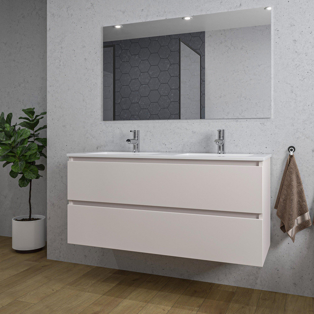 Adema Chaci Badkamermeubelset - 120x46x57cm - 2 keramische wasbakken wit - 2 kraangaten - 2 lades - rechthoekige spiegel - mat cotton (beige) SW1212783/SW804533/SW724613
