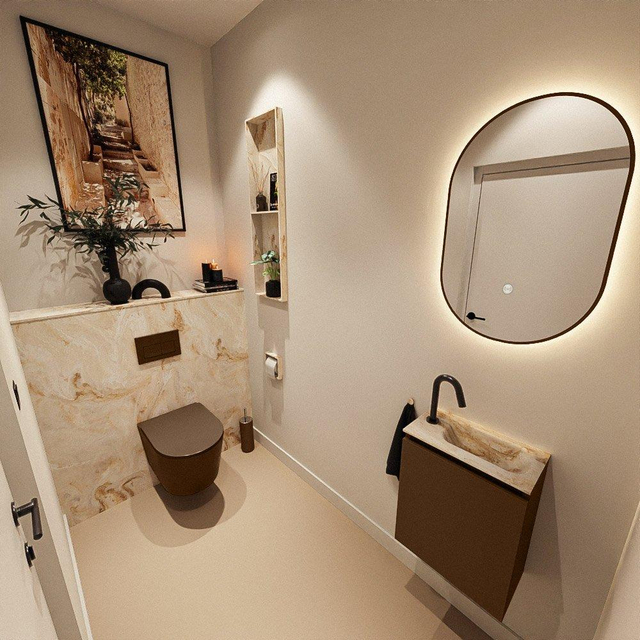 MONDIAZ TURE-DLUX 40cm toiletmeubel Rust. EDEN wastafel Frappe positie rechts. Met 1 kraangat. TUREDX40RUSR1FRA