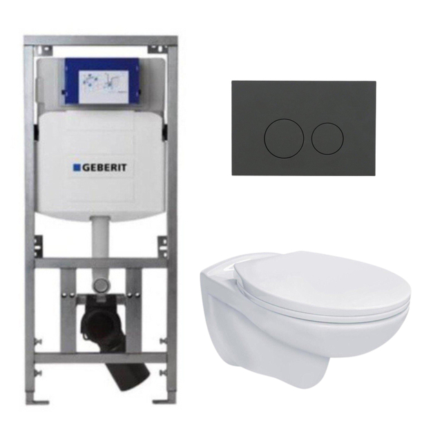 Geberit Adema Classico toiletset bestaande uit inbouwreservoir en toiletpot, basic toiletzitting en bedieningsplaat mat antraciet - ronde knoppen - wit SW1152613/SW1102376/0701131
