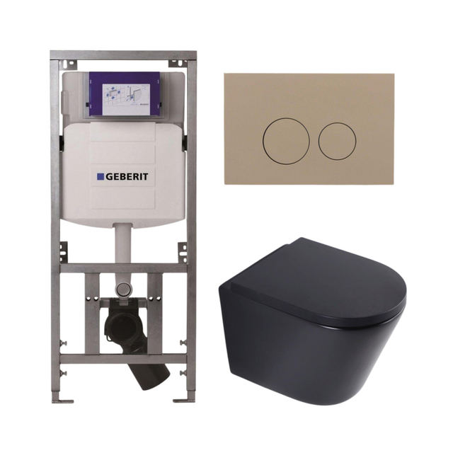 QeramiQ Dely Toiletset - 36.3x51.7cm - diepspoel - rimless - Geberit UP320 inbouwreservoir - softclose toilet zitting 35 mm - bedieningsplaat taupe - ronde knoppen - mat zwart SW1026253/SW1000769/0701131/SW1102378