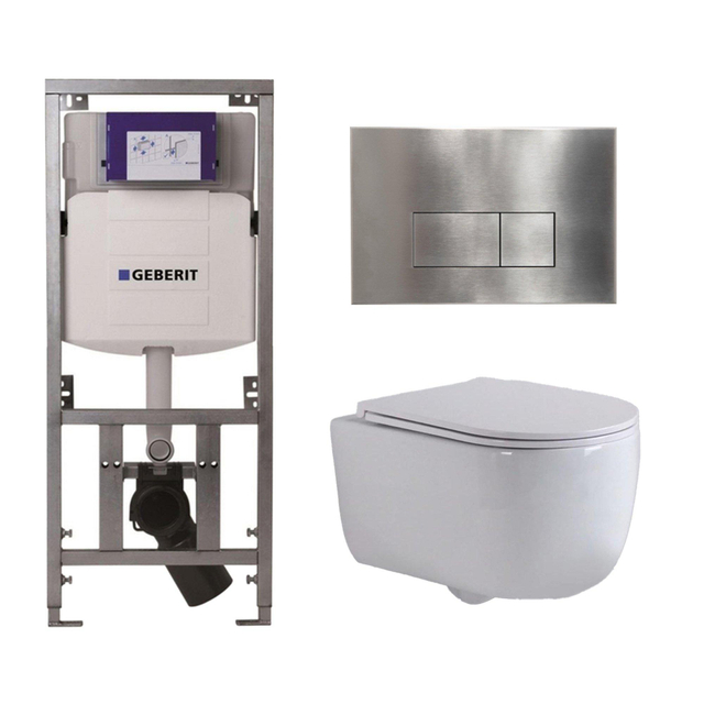 QeramiQ Dely Swirl Toiletset - 36.3x51.7cm - diepspoel - rimless - Geberit UP320 Burda inbouwreservoir - slim zitting - steel bedieningsplaat - rechtehoekige knoppen - wit mat 0701131/SW706195/SW1000766/SW1026257