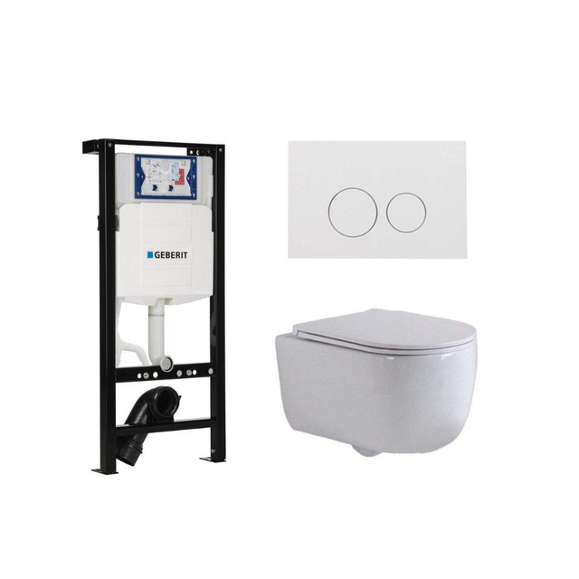 QeramiQ Dely Swirl Toiletset - 36.3x51.7cm - Geberit UP320 plieger inbouwreservoir - slim zitting - glans witte bedieningsplaat - ronde knoppen - wit mat SW1381697/SW706186/SW1000766/SW1026257