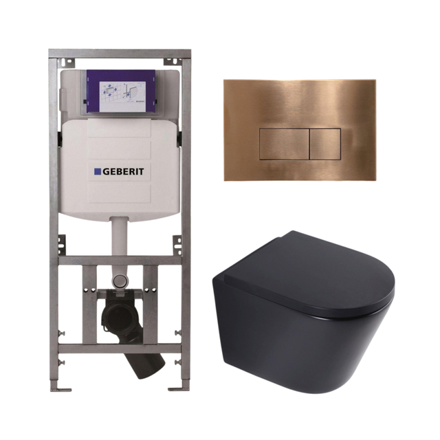 QeramiQ Dely Toiletset - 36.3x51.7cm - diepspoel - rimless - Geberit UP320 inbouwreservoir - softclose toilet zitting 35 mm - koperen bedieningsplaat - rechthoekige knoppen - mat zwart SW1026253/SW1000769/0701131/SW706197