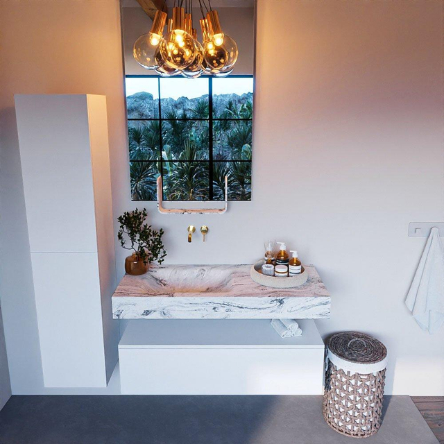 MONDIAZ ALAN - DLUX Badkamermeubelset - 110cm - onderkast - Talc - 1 lade - vrijhangende wastafel - wasbak links - 0 kraangaten - Glace ADX110Tal1LL0Gla