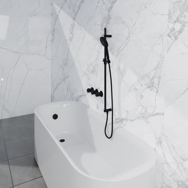 Fortifura Nebbio Badcombinatie-set - thermostaatkraan - inbouwdeel - glijstang - gladde doucheslang - ronde handdouche - badafvoer opbouw - mat zwart SW1183064 SW1111526 SW706209 SW496814 SW1108811 SW