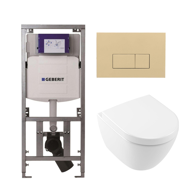 Villeroy & Boch Subway 2.0 compact DirectFlush Toiletset - Geberit reservoir - softclose - quickrelease - bedieningsplaat beige - rechthoekige knoppen - wit 0701131/1024232/SW1102366/1025456/