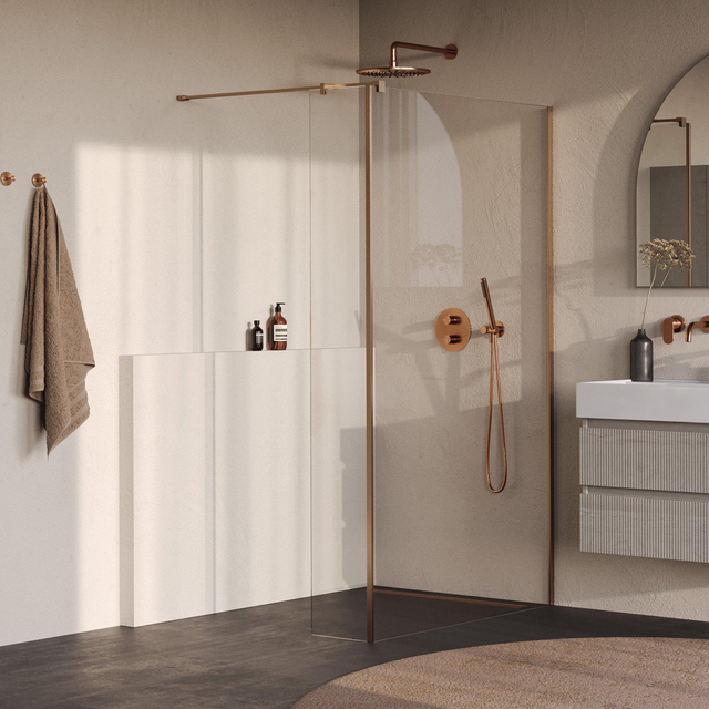 Brauer Oblivion Inloopdouche - 110x200cm - 30cm zijwand - glascoating - helder glas - geborsteld koper PVD GS-OBI2H11030200GK