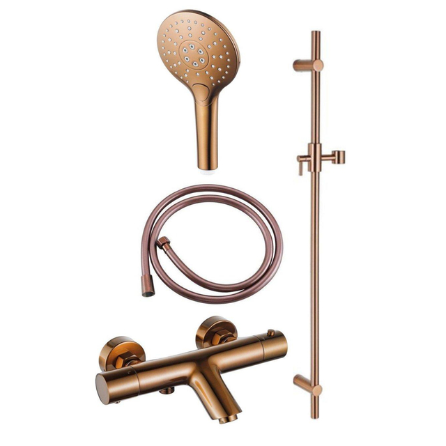 Fortifura Calvi Badkraan - met glijstangset - ronde handdouche - gladde doucheslang - geborsteld koper PVD SW970037/SW799449/SW728176/SW720226